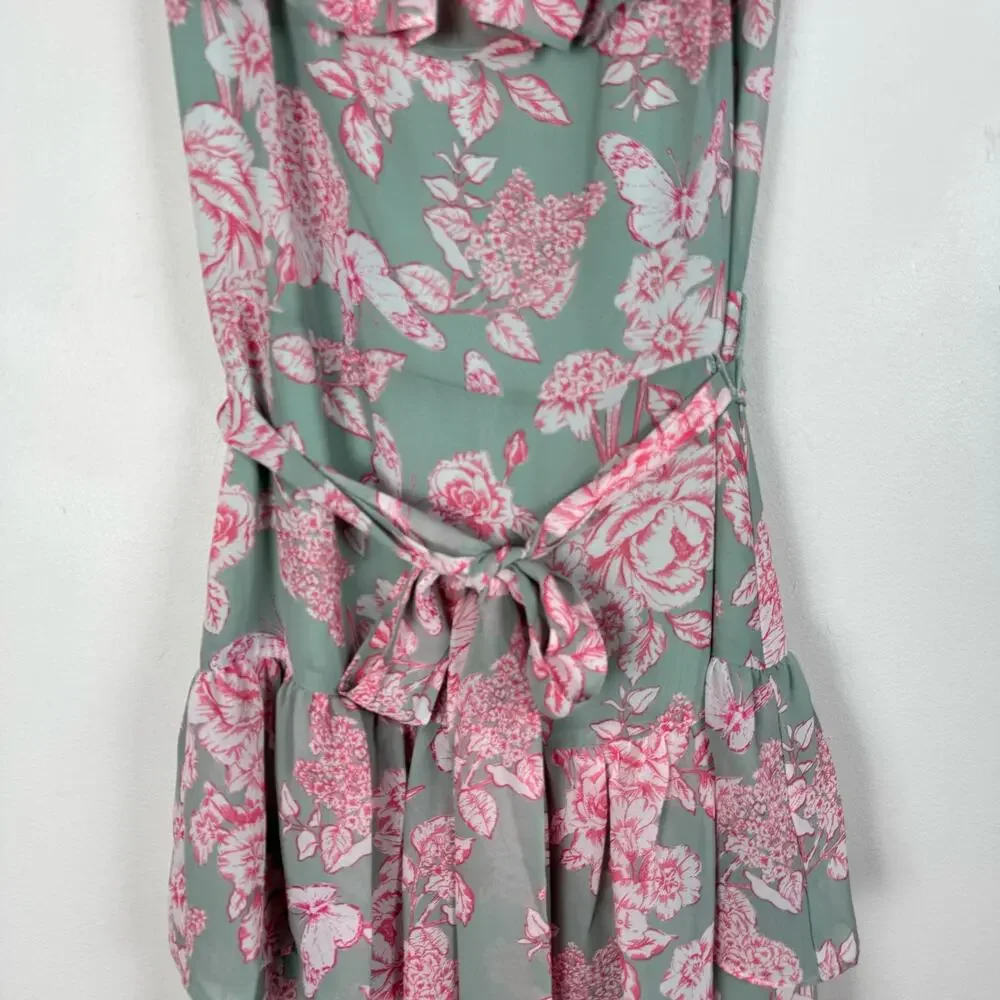 Eliza J Tie Waist Tiered Midi Dress Mint Green Pink Floral Size 4 Wedding Party - Picture 11 of 13